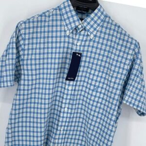 Nautica‎ Aqua Blue Plaid Short Sleeve Button Down Shirt Men's Cotton Medium